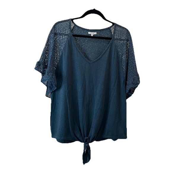 Maurices Blue Wide Crochet Eyelet Sleeve Knot Tie Waist Top Womens Size XXL - Picture 1 of 9